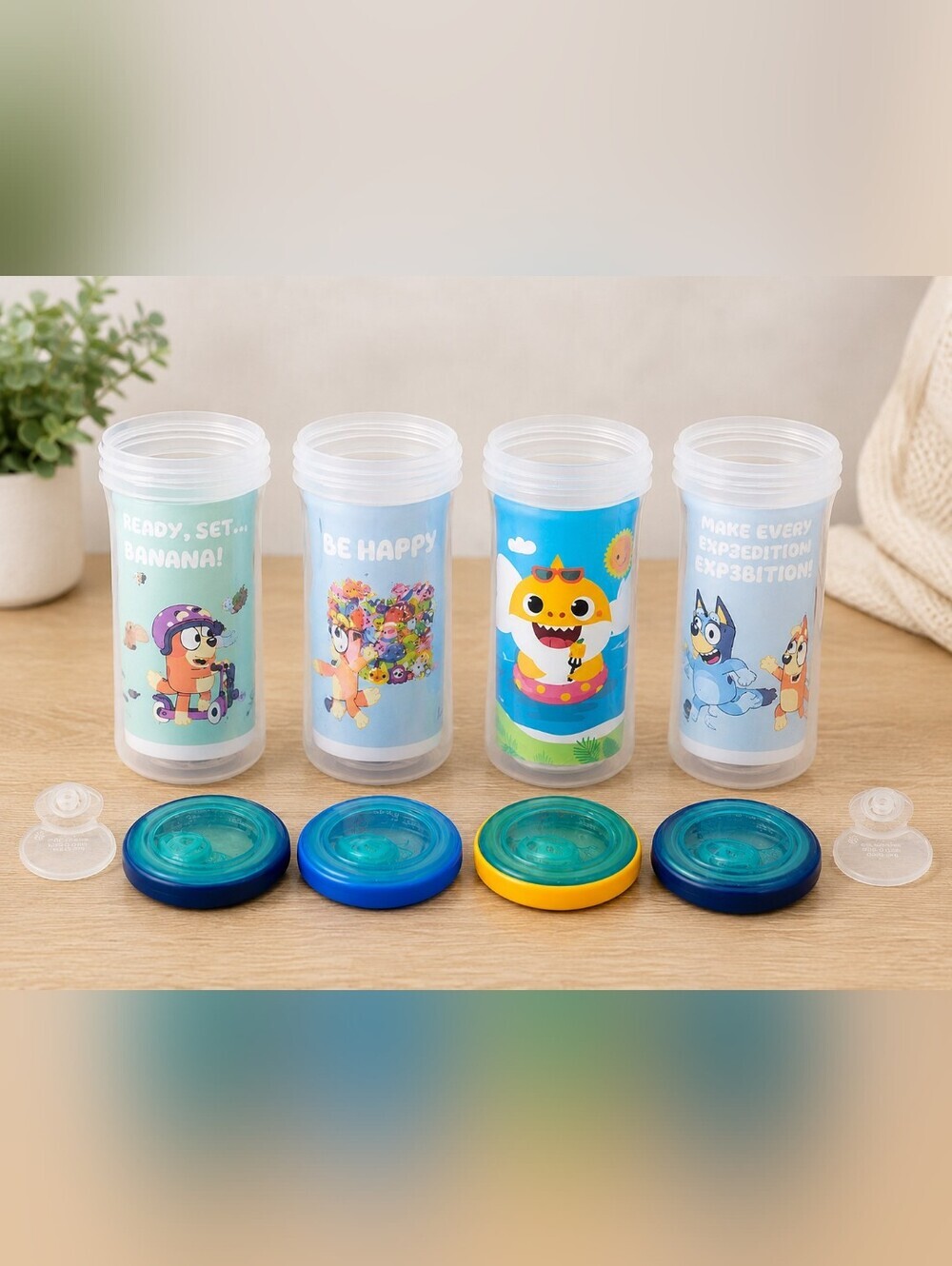 Bluey & Baby Shark Toddler Sippy Cup Lot 4 Cups 4 Lids 2 Valves 10oz Sanitized